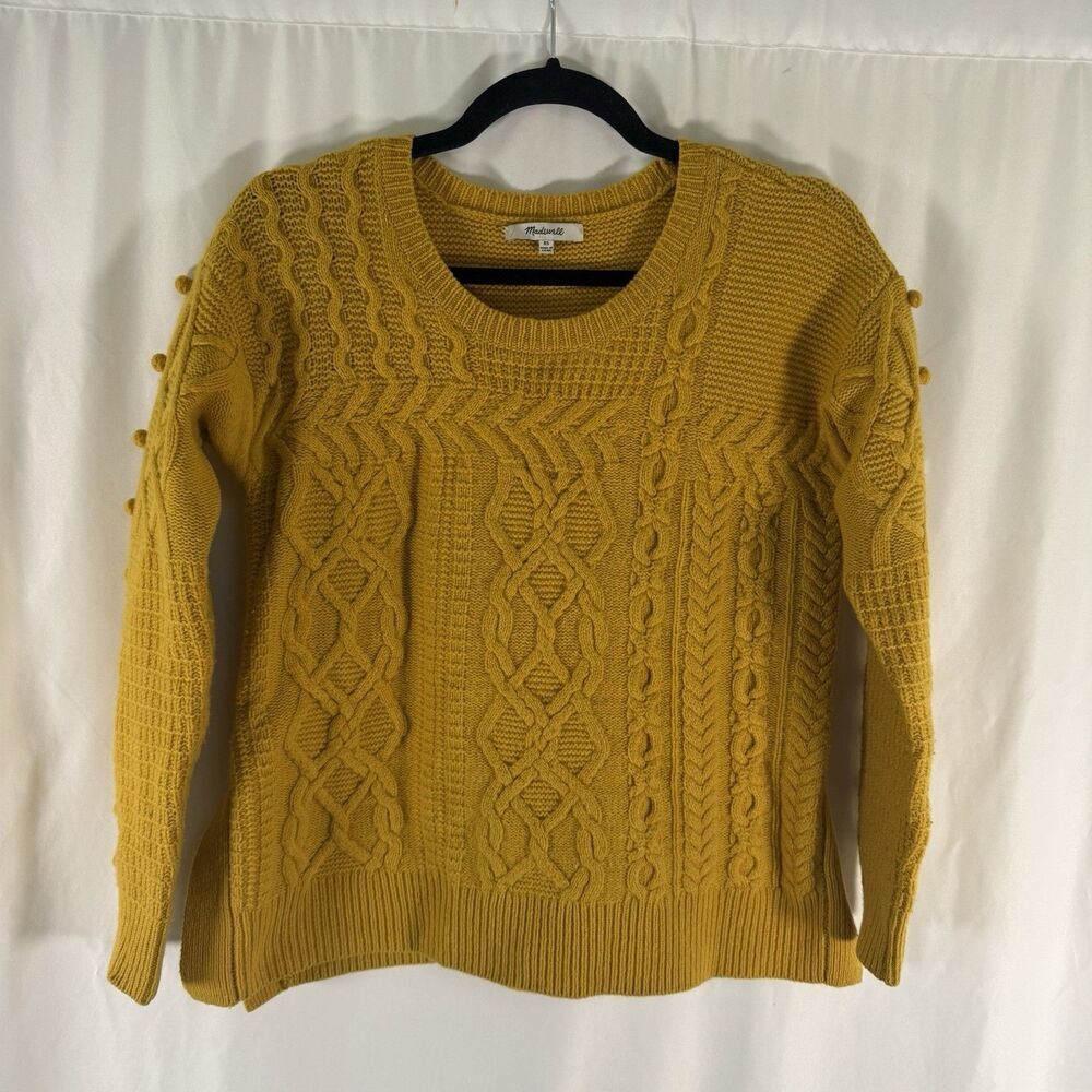 Madewell 100% Merino Wool Sweater Women's XS Yellow Cable Knit Crewneck